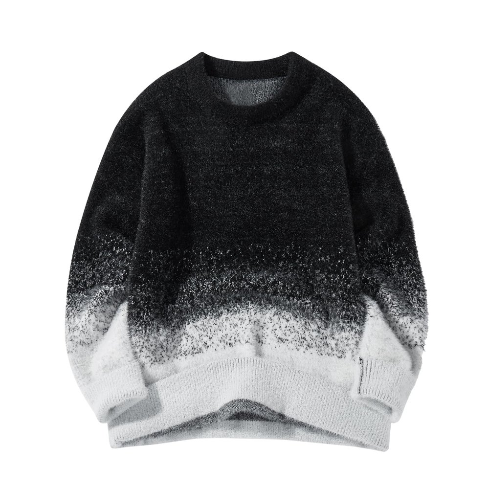 Men's Gradient Color Sweater Fall and Winter Tide Loose Thickening Bottom Warm Round Neck Knit Sweater (US, Alpha, Medium, Regular, Regular, Gradient Black)