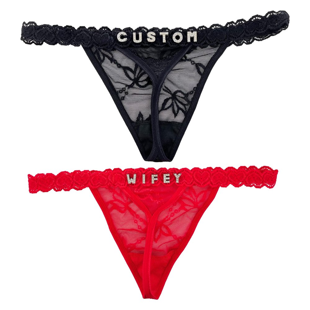 2-Pack Custom Personalized Thongs With His Name Custom thong with Special Meaning Cute Lace Thong for Her Valentine's Day Black