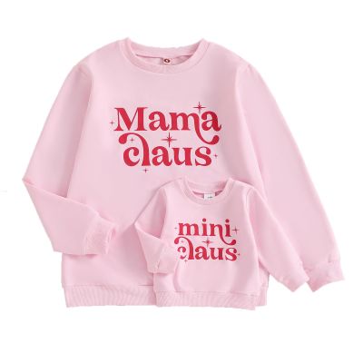 Mommy and Me Matching Outfits Christmas Letter Long Sleeve Crewneck Pullover Tops Sweatshirt Mama and Mini Clothes (Baby, 0-6 Months, Pink a)