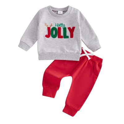 DuAnyozu Toddler Baby Girl Christmas Outfit Girl Boy Fall Winter Clothes Embroidered Letter Crewneck Sweatshirt Pants 0-24M (JOLLY-Gray, 6-12 Months)