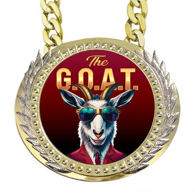 G.O.A.T Champion Chain Medallion - Heavy Metal 6" Gold & Silver Medallion Greatest of All Time with Exclusive Gold/Black Inlay featuring a choice of 3 Original Goat Emblems. (Cool Shades GOAT)