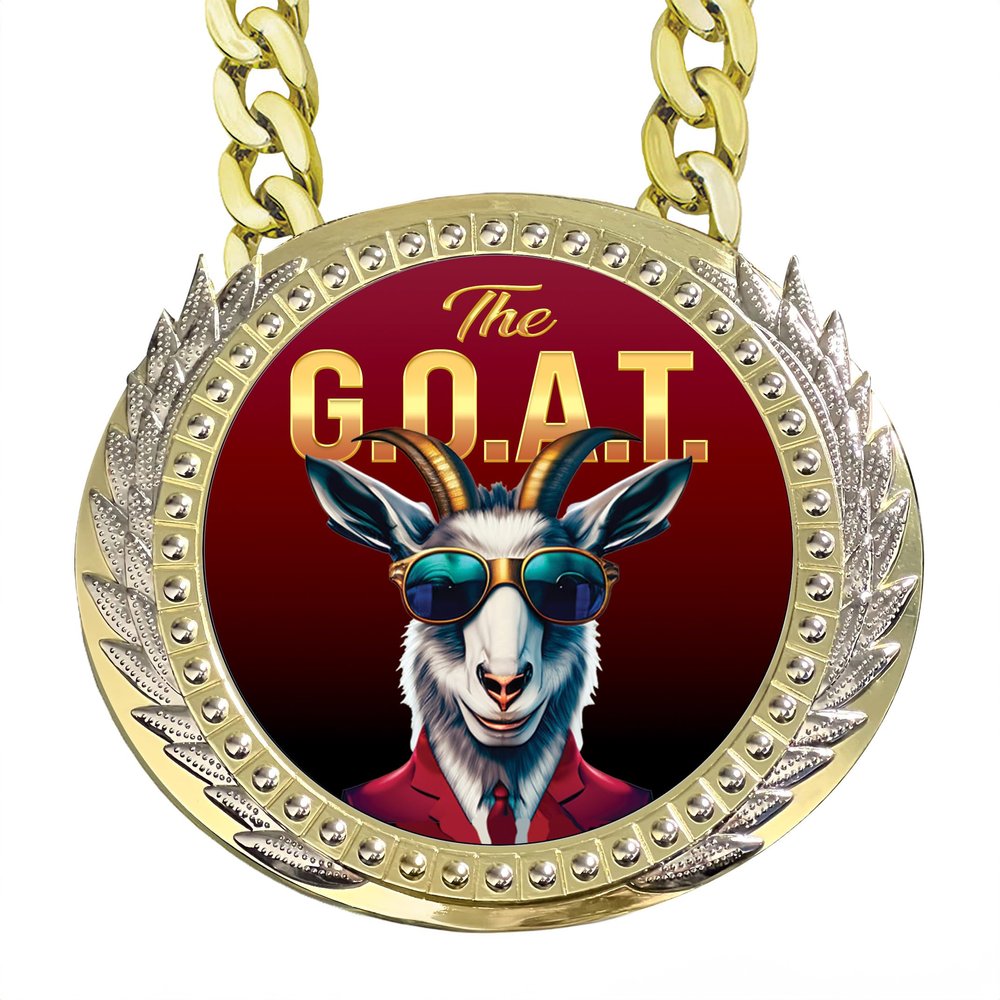 G.O.A.T Champion Chain Medallion - Heavy Metal 6" Gold & Silver Medallion Greatest of All Time with Exclusive Gold/Black Inlay featuring a choice of 3 Original Goat Emblems. (Cool Shades GOAT)