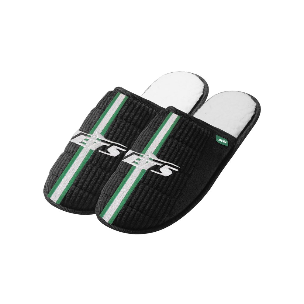 FOCO NFL Men's Officially Licensed Primary Logo Game Day Team Color Football Sherpa Slide Slipper - New York Jets - Black - (X-Large 13-14)