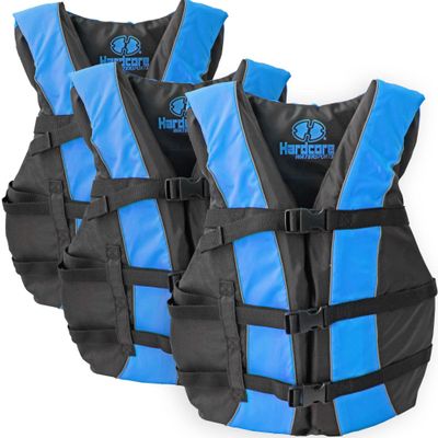 Hardcore Life Jacket 3 Pack Paddle Vest for Adults; Coast Guard Approved Type III PFD Life Vest Flotation Device; Jet ski, Wakeboard, Kayak; Ideal Extra Pontoon Boat Life Jacket Blue