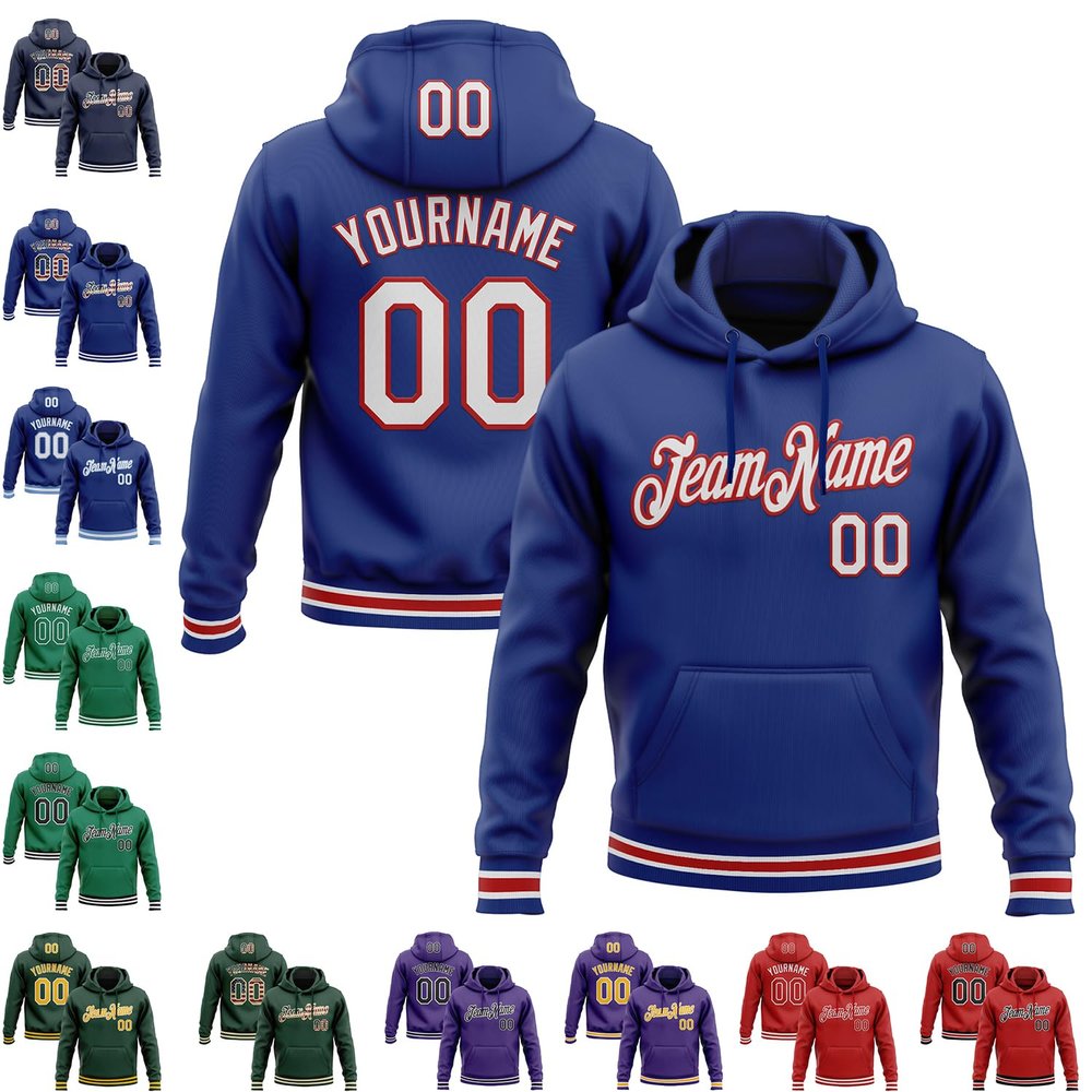 Adult Teens Mens Womens Royal Blue Hoodie Pullover Stitched Logo Patch Custom Sports Varsity Sweatshirt Fashion Spring Baseball Hoodies Personalized Red and White Name Number Football Jerseys