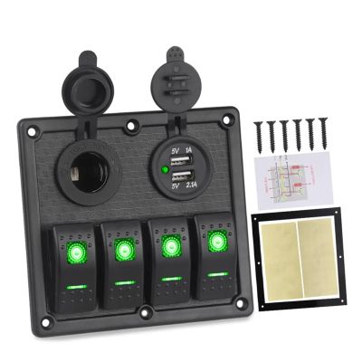 12V 24V 4 Gang Rocker Switch Panel with Circuit Breaker Led Switch Panel Boat Marine Car Truck IJZHQKTK(Green)