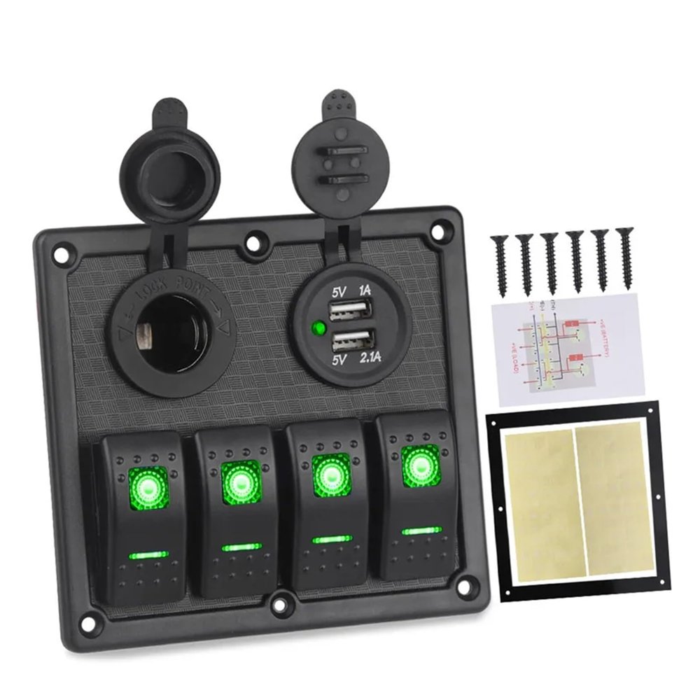 12V 24V 4 Gang Rocker Switch Panel with Circuit Breaker Led Switch Panel Boat Marine Car Truck IJZHQKTK(Green)