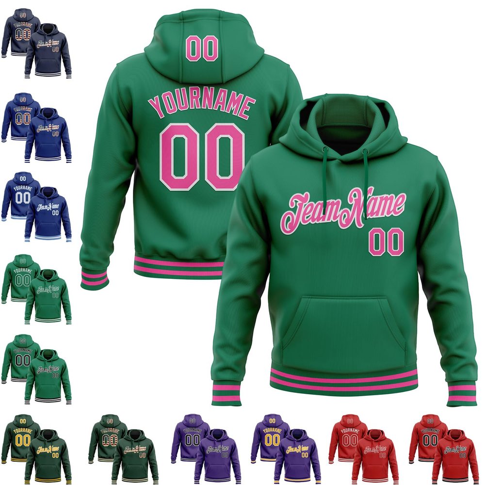 Custom Kelly Green Baseball Sweatshirt for Men/Women/Youth Design Your Own Rib Knit Cuff School Hooded Shirt Winter Coats Football Softball Outerwear Stitched Pink Name and Number