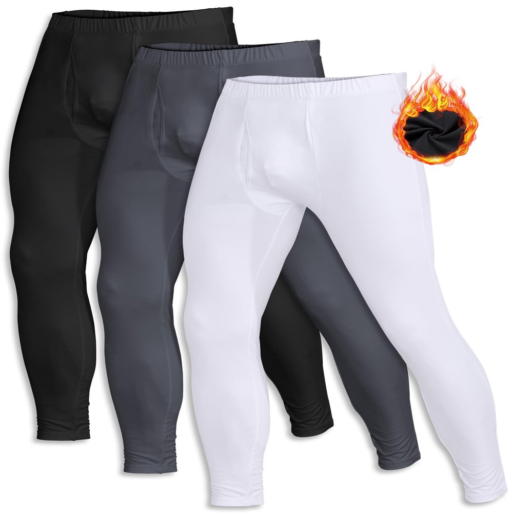ZUTY 3 Pack Long Johns for Men Thermal Underwear Bottom Fleece Lined Pant Men's Leggings Base Layer for Cold Weather Black-White-Grey XL