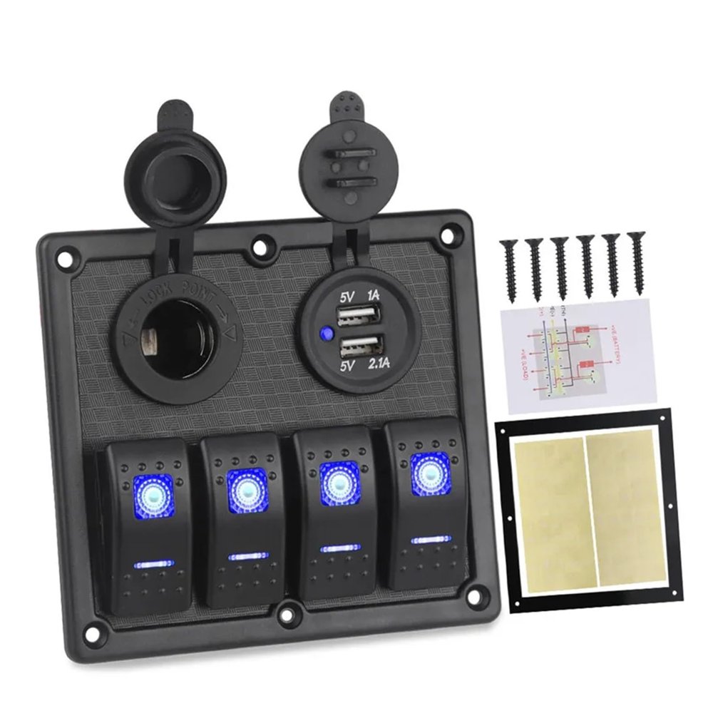 12V 24V 4 Gang Rocker Switch Panel with Circuit Breaker Led Switch Panel Boat Marine Car Truck IJZHQKTK(Blue)