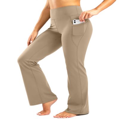 28"/30"/32"/34" Inseam Women's Bootcut Yoga Pants Long Bootleg High-Waisted Flare Pants with Pockets(Khaki,32-S)