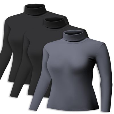 ZUTY 3 Pack Turtleneck Long Sleeve Shirts Thermal Underwear for Women Long Johns Winter Clothes Warm Base Layer Tops Black-Black-Grey XL