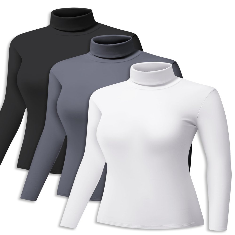 ZUTY 3 Pack Turtleneck Long Sleeve Shirts Thermal Underwear for Women Long Johns Winter Clothes Warm Base Layer Tops Black-White-Grey S