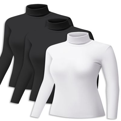 ZUTY 3 Pack Turtleneck Long Sleeve Shirts Thermal Underwear for Women Long Johns Winter Clothes Warm Base Layer Tops Black-Black-White M