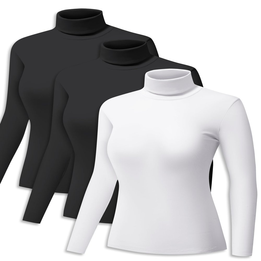 ZUTY 3 Pack Turtleneck Long Sleeve Shirts Thermal Underwear for Women Long Johns Winter Clothes Warm Base Layer Tops Black-Black-White M