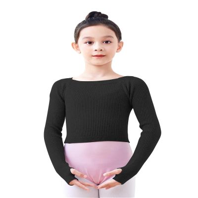 RuiBalletto Girls Long Sleeve Dance Sweater, Soft Ballet Warm Up Pullover, Dance Sweater for Leotards Black