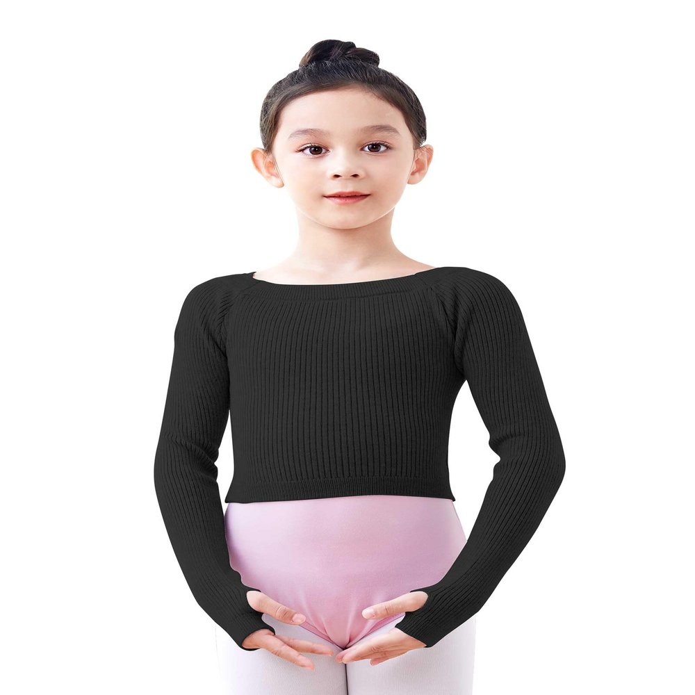 RuiBalletto Girls Long Sleeve Dance Sweater, Soft Ballet Warm Up Pullover, Dance Sweater for Leotards Black