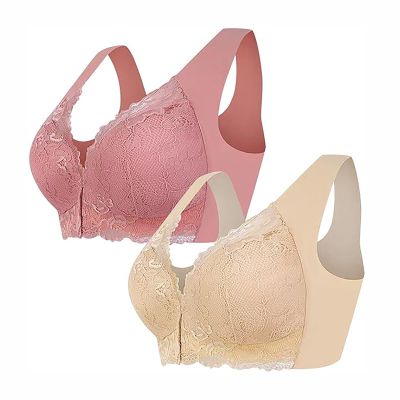 2Pc Women's Plus Size Full Coverage Lace Bras Front Closure Posture Back Wireless Push Up Minimizer Comfort Bra