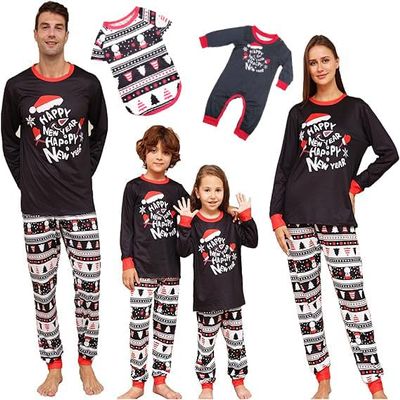 Kubsid Dog Happy New Year Christmas Family Pajamas Matching Sets Black Xmas Matching Pjs Merry Christmas 2025 Casual Trendy Holiday Home Sleepwear Set S