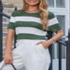 Dokotoo Summer Tops for Women Casual Short Sleeve Knit T Shirts 2025 Fashion Color Block Round Neck Striped Pullover Top Blouses Womens Spring Blouse Green Large view 3