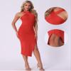 Allegra K Cocktail Party Midi Dress for Women's Halter Neck Sleeveless Ruched Asymmetrical Bodycon Dress X-Small Red view 2