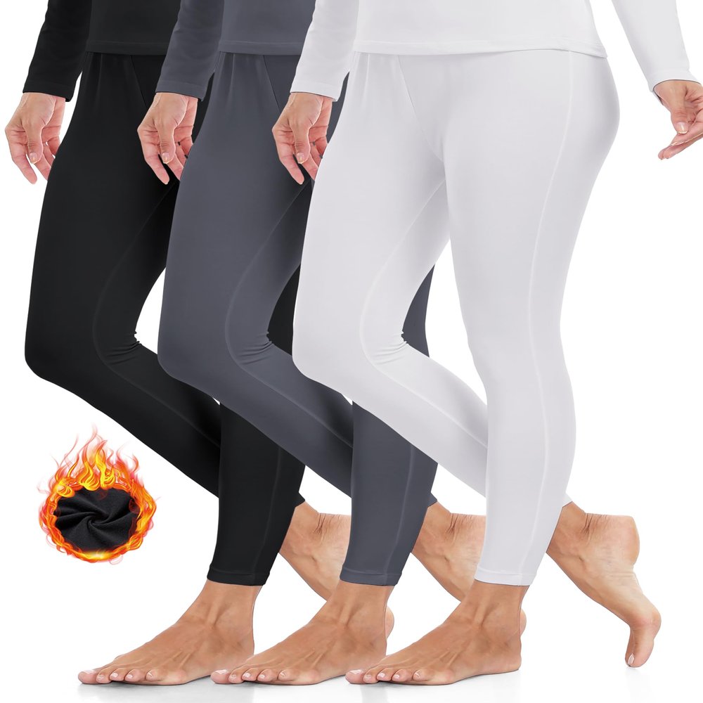 ZUTY 3 Pack Thermal Long Johns Fleece Lined Leggings for Women Underwear Tights Warm Winter Base Layer Pants Black-White-Grey M