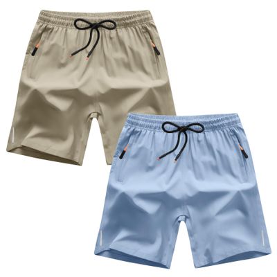 ANHDM Boys Athletic Shorts Quick Dry Sport Shorts Lightweight Running Shorts with Zipper Pockets (Pack of 2), B/Khaki&Grey Blue, 9-10T