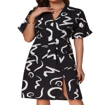 Allegra K Printed Dresses for Women's Short Sleeve V Neck High Waist Split Casual Knee Length Dress Medium Black White