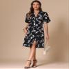 Allegra K Printed Dresses for Women's Short Sleeve V Neck High Waist Split Casual Knee Length Dress Medium Black White view 4