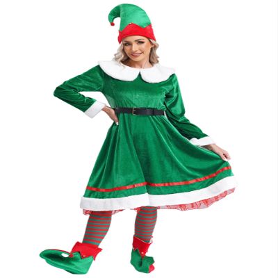 easyforever 5 Pcs Christmas Elf Costume for Women Flannel Santa Helper Cosplay Outfits Full Sets Green Large