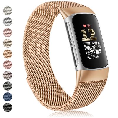 Amzpas bands for Fitbit Charge 6 Bands for Women Men, Stainless Steel Mesh Wristband with Magnet Clasp for Fitbit Charge 6 / Fitbit Charge 5 (Rose gold)