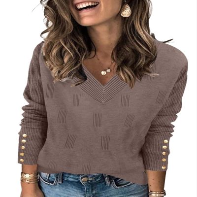AKEWEI Women's Fall Tops 2025 Long Sleeve Sweater Casual Decorative Buttons Knitted Pullover(Camel,Small)
