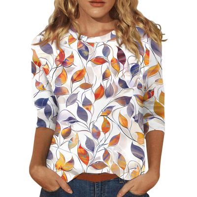 3/4 Length Sleeve Womens Tops 2026 Spring Summer Clothing for Women Plus Size Shirts for Women 3/4 Sleeve Tops Crew Ncek Floral Print Trendy Causal Blouse A02 Saffron XXL