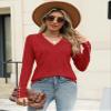 AKEWEI Women's Fall Sweaters V Neck Casual Long Sleeve Tops Shirts Ribbed Buttons Pullover(Red,Medium) view 3