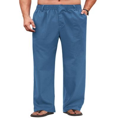 COOFANDY Men's Casual Linen Pants Summer Beach Dress Pants Loose Fit Expandable Waist Trousers with Pockets Marine Blue