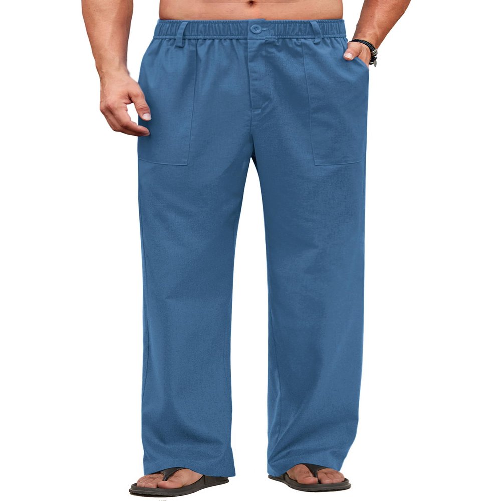 COOFANDY Men's Casual Linen Pants Summer Beach Dress Pants Loose Fit Expandable Waist Trousers with Pockets Marine Blue