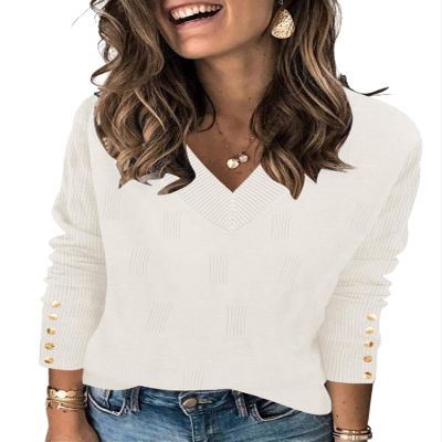 AKEWEI Women's Sweaters Casual V Neck Long Sleeve Pullover Tops Knit Fall Fashion 2026 Clothes(White,Small)
