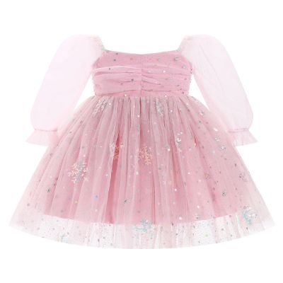 AFAVOM Toddler Girls Tulle Tutu Dress Princess Birthday Cake Smash Dress Formal Baptism Flower Girl Dress Wedding Long Sleeve Christening Dress Prom Pageant Outfit Pink-Snowflake Print 2-3 Years