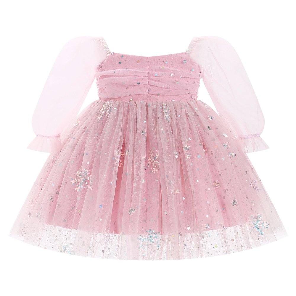 AFAVOM Toddler Girls Tulle Tutu Dress Princess Birthday Cake Smash Dress Formal Baptism Flower Girl Dress Wedding Long Sleeve Christening Dress Prom Pageant Outfit Pink-Snowflake Print 2-3 Years