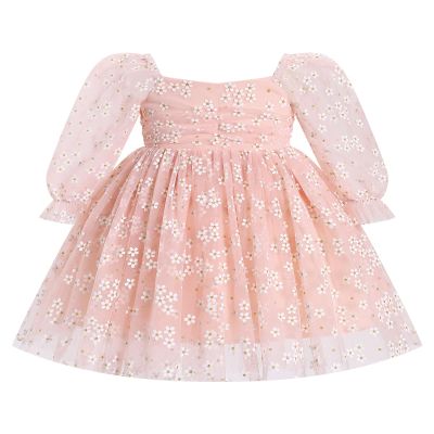 AFAVOM Toddler Baby Girls Tutu Dress Princess Birthday Party Cake Smash Dress Formal Baptism Flower Girl Dress Wedding Long Sleeve Christening Dress Prom Pageant Outfit Pink-Floral Print 18-24 Months