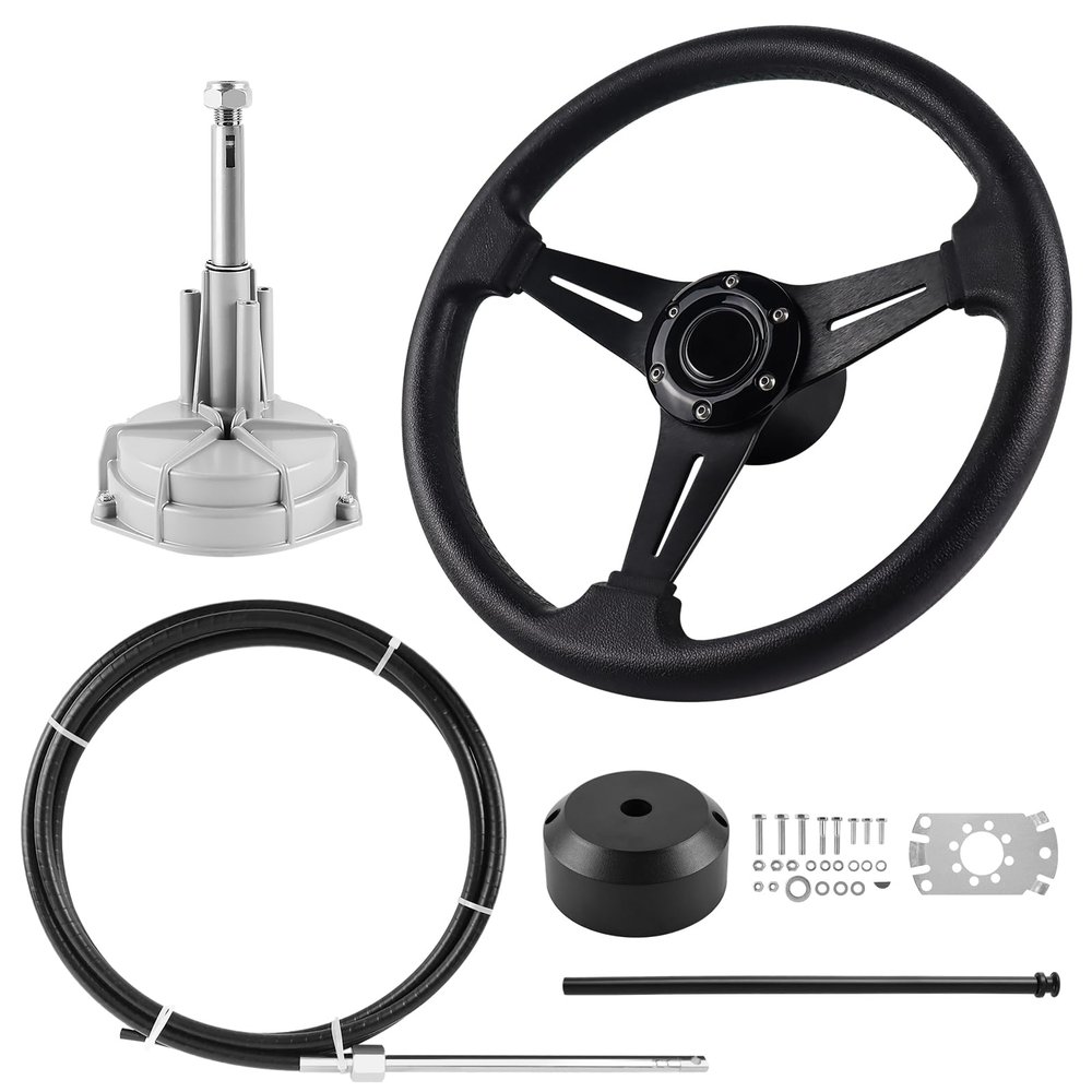 LOSCHEN Marine Steering System, 15 Feet Cable Outboard Steering Kit 3/4" Standard Tapered Shaft, Boat Steering Control Cable for Yachts, Fishing Boats and Waterborne Vehicles- with Steering Wheel