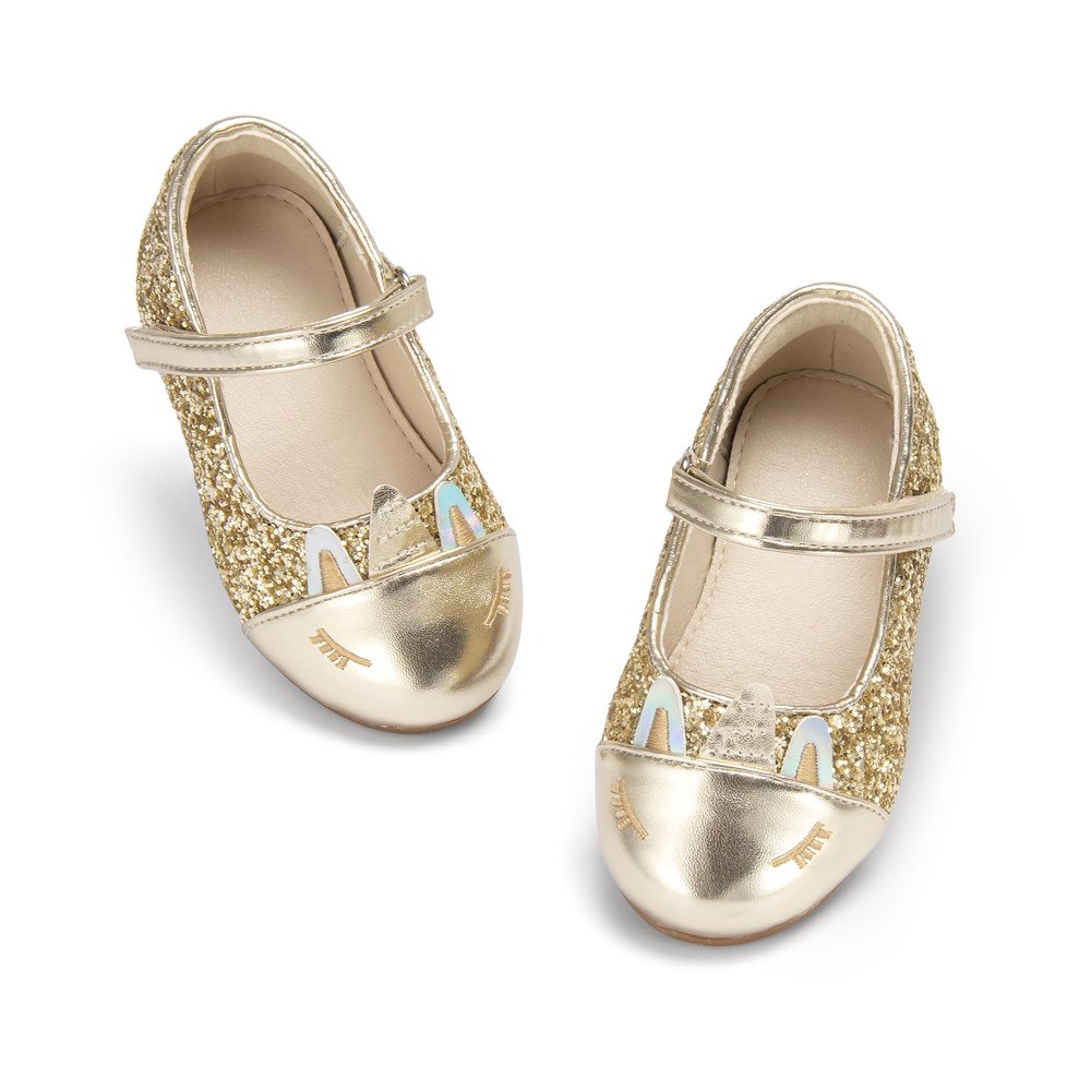 THEE BRON Mary Jane Ballet Flats - Girls' Dress Shoes with Hook & Loop Closure(AF486 Gold/7M)