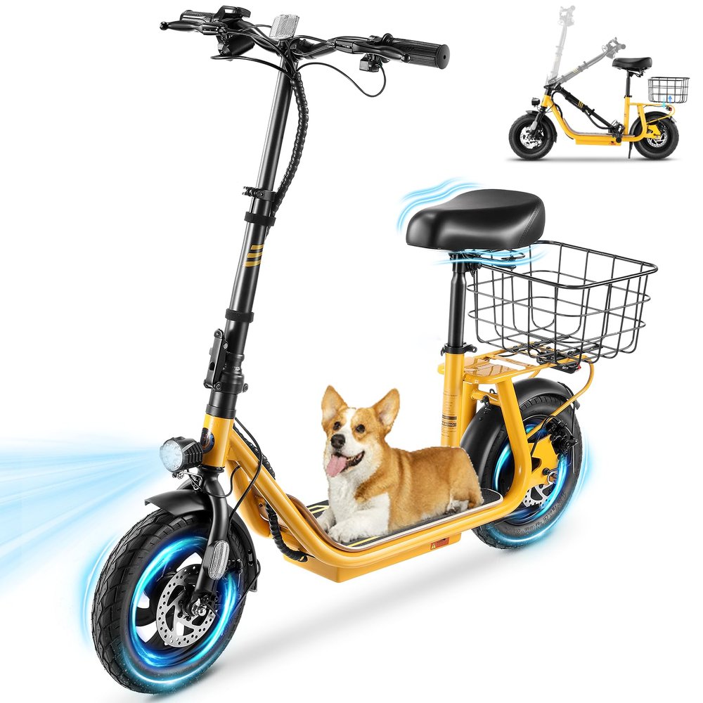 Caroma Peak 800W Electric Scooter Adults, 30 Miles Max Range, Adjustable Handlebar Height, Foldable Electric Scooter with Seat, Detachable Large Basket, Commuter E-Scooter for Adult and Teens