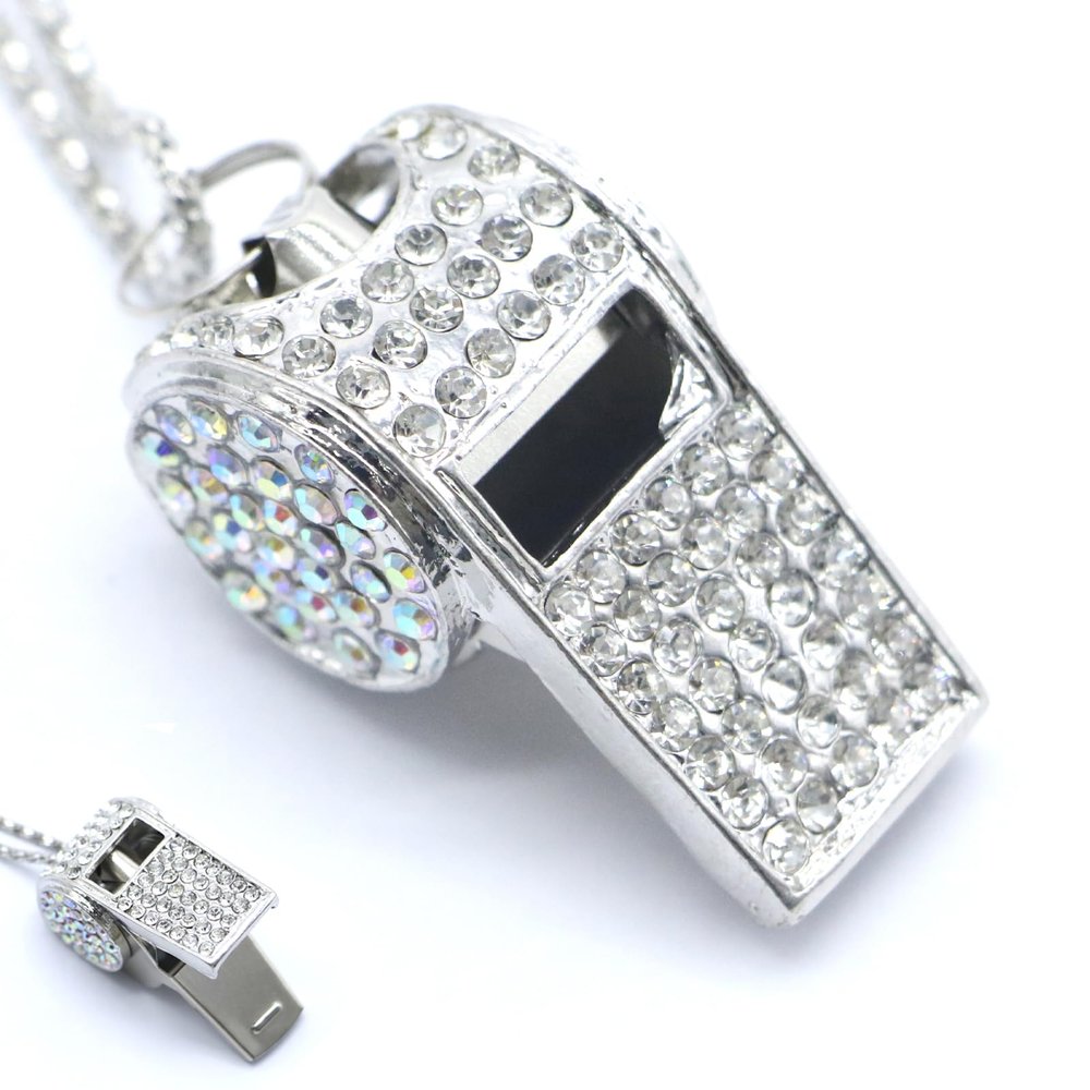 UnisonPet Whistle, Bling Whistle, Metal Crystal Rhinestone Whistle with Keychain, Loud Crisp Sound Whistles for Coach, Referee, Basketball, Lifeguard, Survival (Silver)