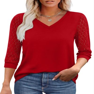 3/4 Length Sleeve Womens Tops Dressy Casual V Neck Lace Tunic Tops Loose Fit Cruise Summer Outfits Christmas Red Beach Vacation Outfits Travel XL