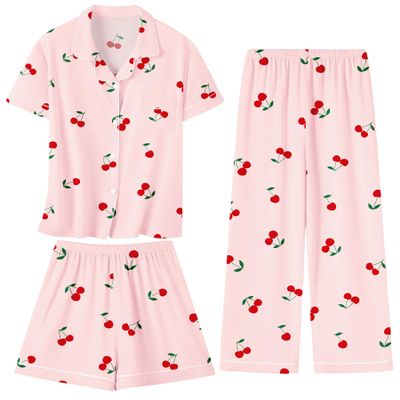 Umeyda Pajamas for Girls Set 3 Piece Sleepwear Button-Down Short Sleeve Pj Set Cute Loungewear, Cherry, 9-10 Years