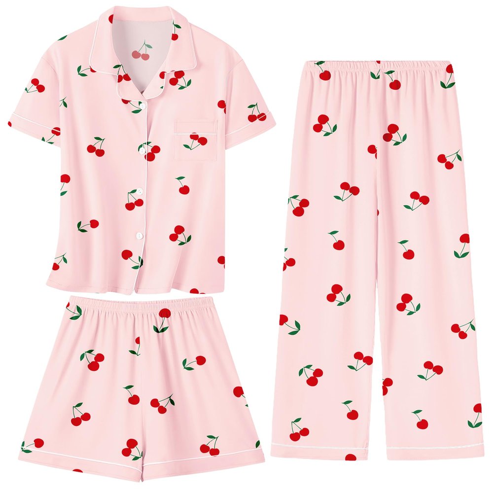 Umeyda Pajamas for Girls Set 3 Piece Sleepwear Button-Down Short Sleeve Pj Set Cute Loungewear, Cherry, 9-10 Years