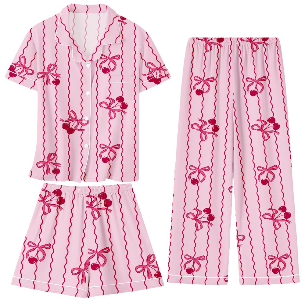 Umeyda Pajama Set for Girls Soft Short Sleeve Button Down Pj Sets 3 Piece Sleepwear Loungewear, A Pink Bow Cherry, 9-10 Years