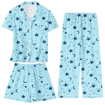 Umeyda G Pajamas for Girls Set 3 Piece Sleepwear Button-Down Short Sleeve Pj Set Cute Loungewear, Blue Moon, 7-8 Years