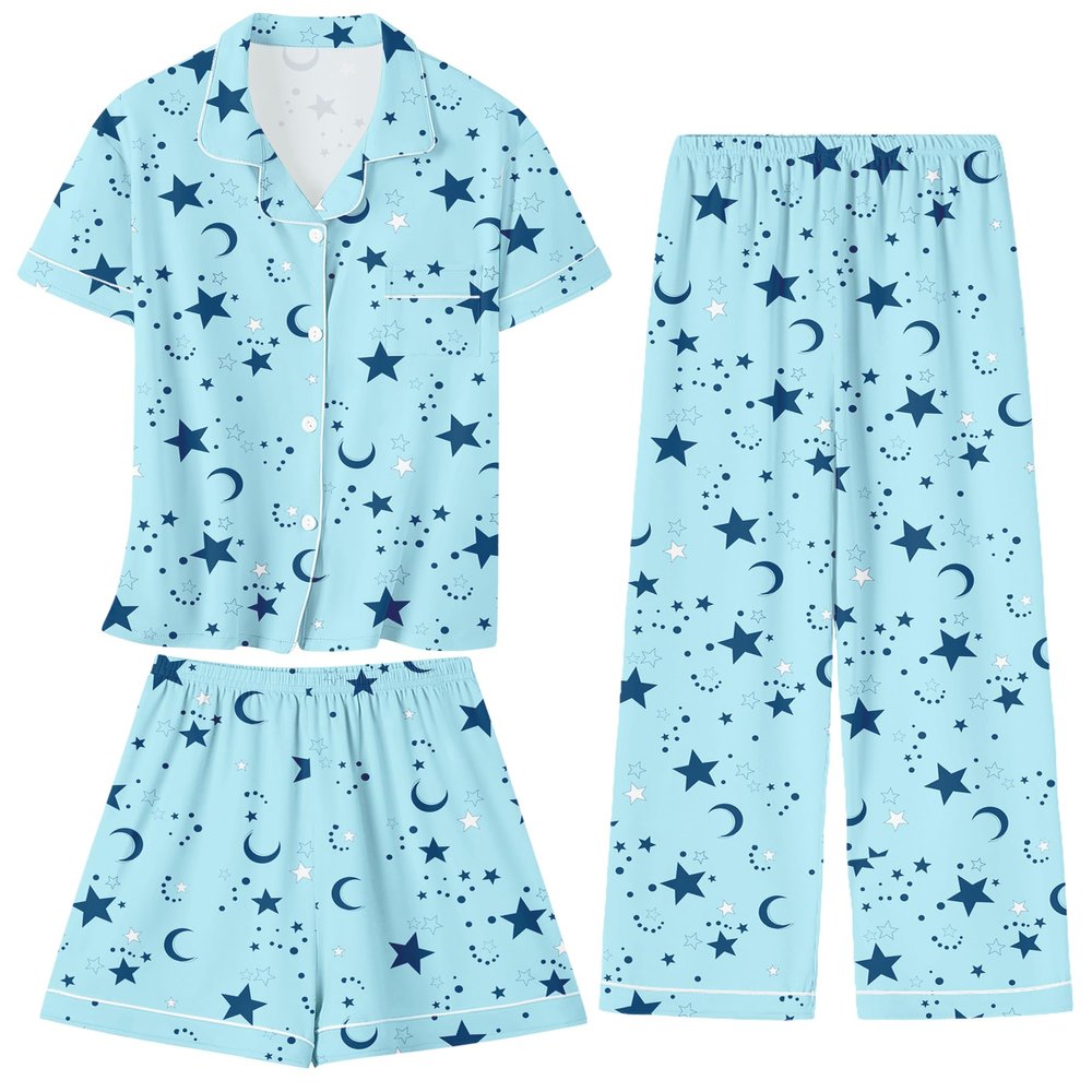 Umeyda G Pajamas for Girls Set 3 Piece Sleepwear Button-Down Short Sleeve Pj Set Cute Loungewear, Blue Moon, 7-8 Years